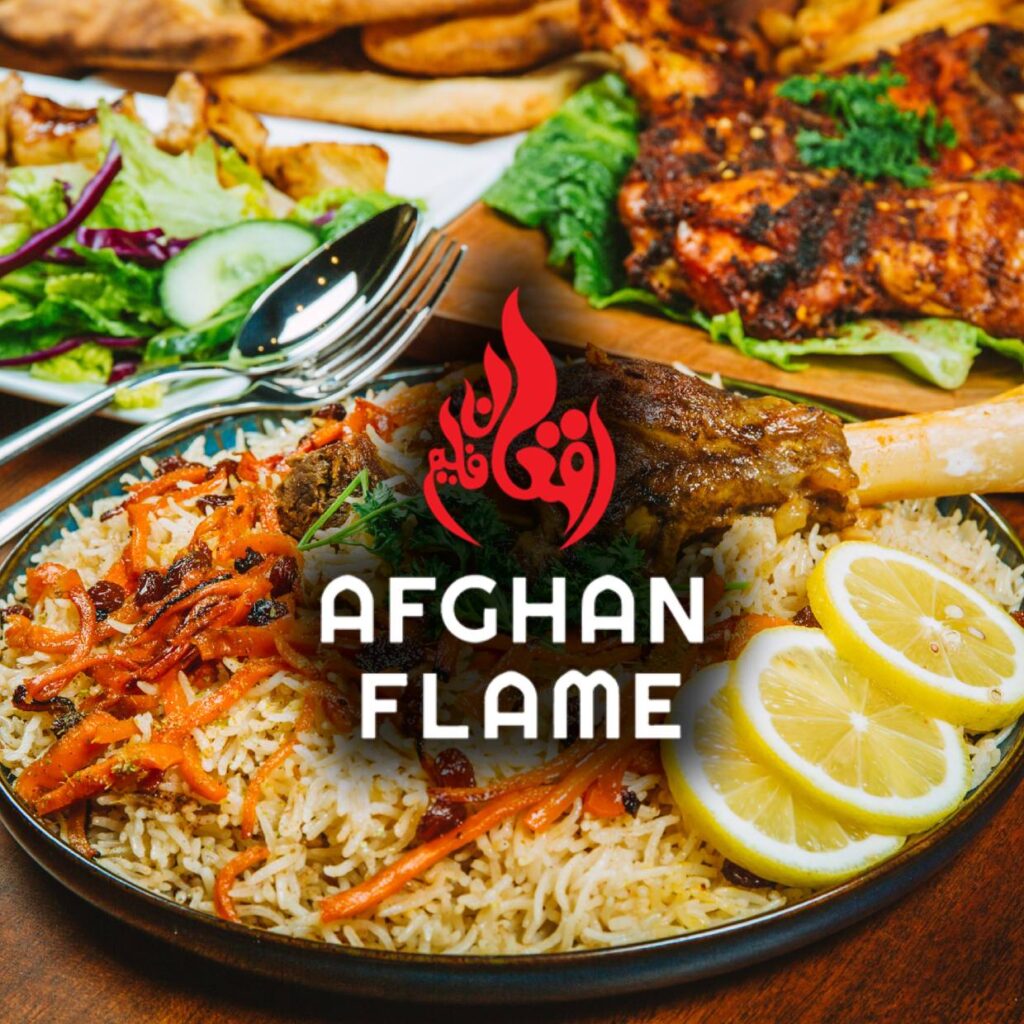 a delicious plate of lamb shank with the Afghan Flame logo super imposed over top of it
